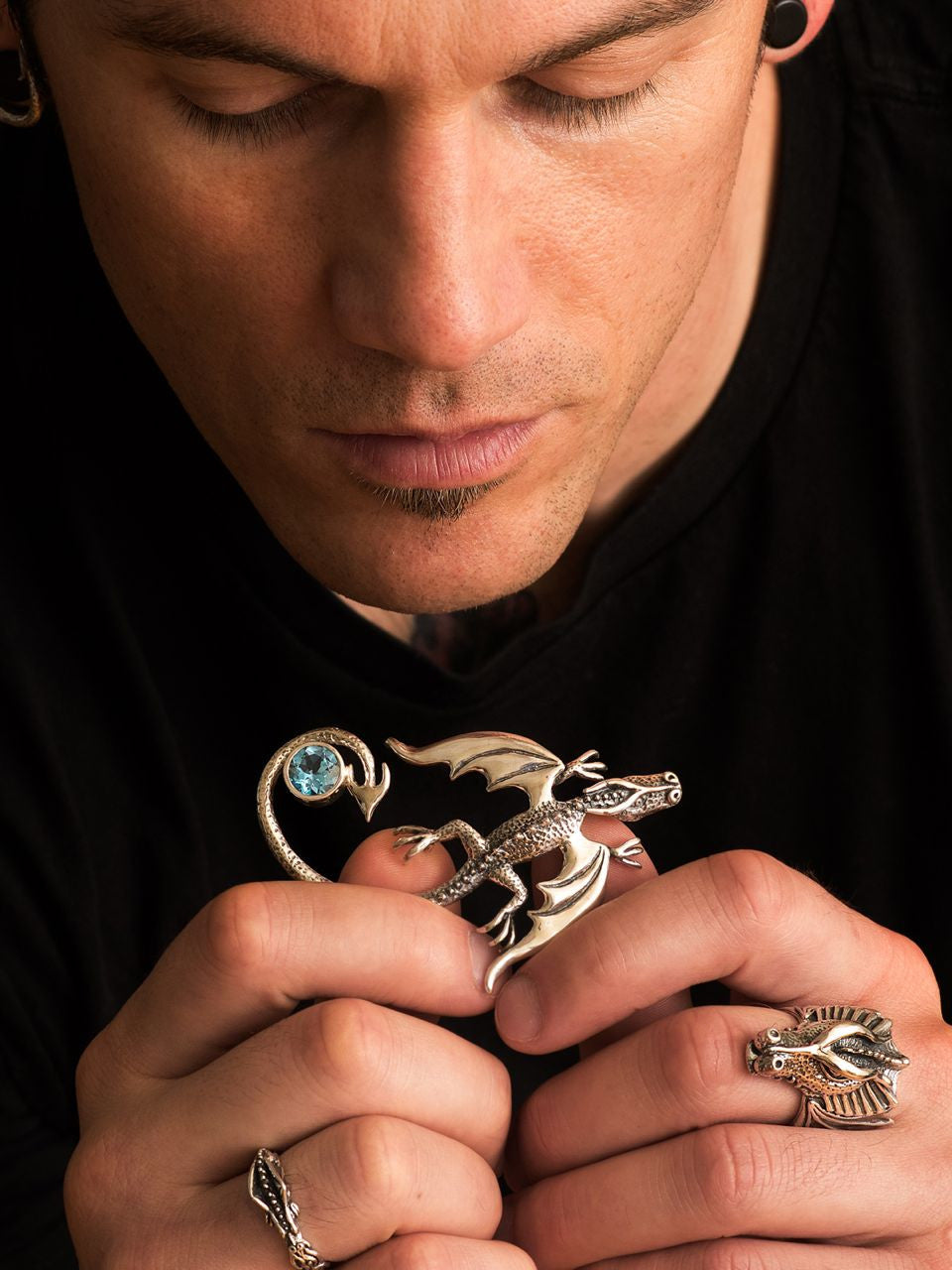 Flame Dragon Ring with Valor Dragon Ring and Balerion Dragon Pendant